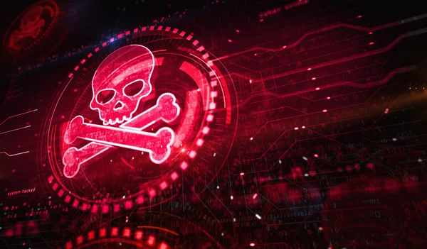 Skull pirate, online cyberattack, hack, threat and breach security symbol digital concept. Network, cyber technology and computer background abstract 3d illustration.