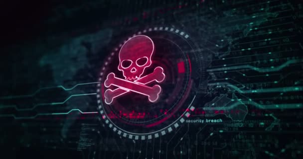 Lebka Pirát Online Kybernetický Útok Hack Hrozba Narušení Bezpečnostní Symbol — Stock video