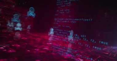 Kafatası korsanı, çevrimiçi siber saldırı, hackleme, tehdit ve güvenlik sembolü soyut siber konsept ihlali. Dijital teknoloji arka planı pürüzsüz ve döngüsel dinamik 3D animasyon.