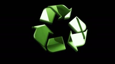 Geri dönüşüm ikonu, atık veri yönetimi ve sürdürülebilir endüstriyel altın metal parlaklık konsepti. Görkemli parlama ve yansıma ışığı ikonu soyut 3D animasyon. Ayrı nesne.