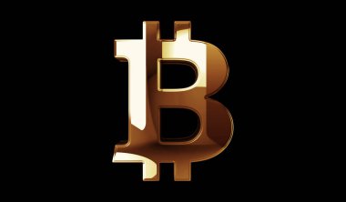 Bitcoin engelleme zinciri kripto para birimi ve dijital para altın metal parlaklık sembolü konsepti. Görkemli parlama ve yansıtma ışığı simgesi soyut nesne 3d illüstrasyon.
