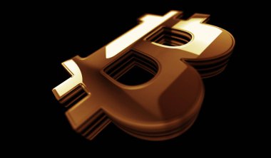 Bitcoin engelleme zinciri kripto para birimi ve dijital para altın metal parlaklık sembolü konsepti. Görkemli parlama ve yansıtma ışığı simgesi soyut nesne 3d illüstrasyon.