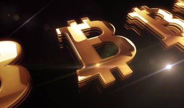 Bitcoin engelleme zinciri kripto para birimi ve dijital para altın metal parlaklık sembolü konsepti. Görkemli parlama ve yansıtma ışığı simgesi soyut nesne 3d illüstrasyon.