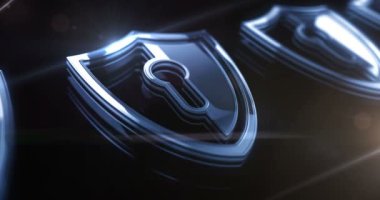 Siber güvenlik, ağ koruması ve kalkanları altın renginde parlayan dijital veriler. Görkemli parlama ve yansıma ışığı ikonu soyut. Kusursuz ve döngülü 3D canlandırma.