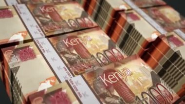 Kenya Şilini Para Paketi 3D animasyon. Döngüsüz finans, nakit, ekonomi, iş ve banka kavramı Kenya 'da. 1000 KES banknot destesi üzerinde hareket eden kamera.