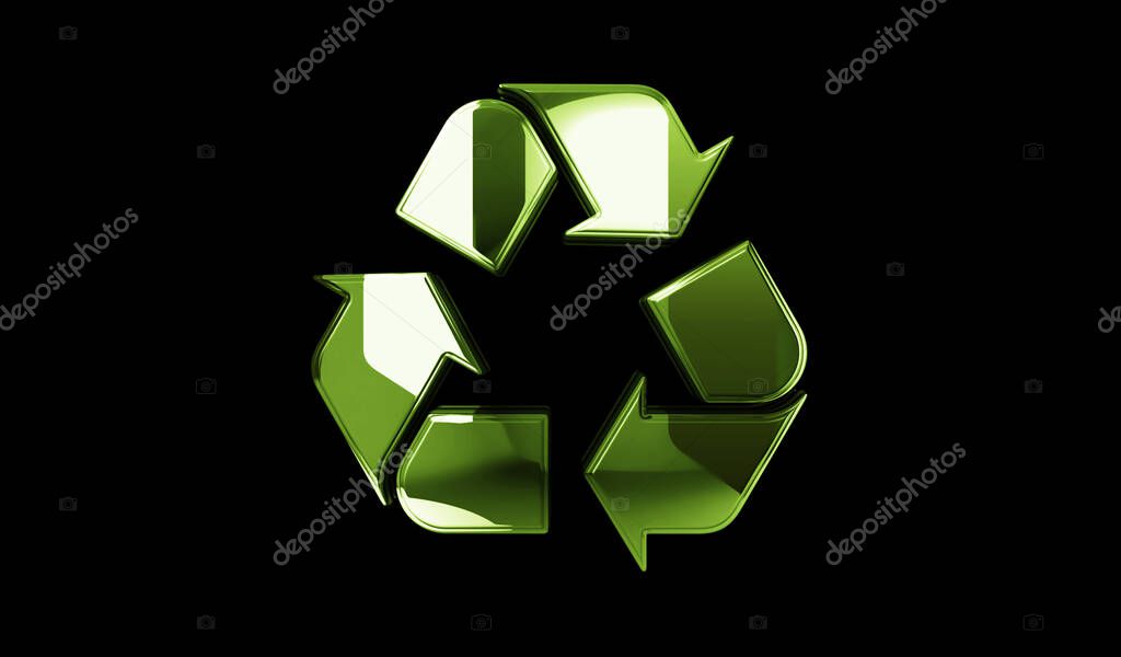 Recycling icon, waste data management and sustainable industry golden metal shine symbol concept. Spectacular glowing and reflection light icon abstract object 3d illustration.