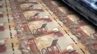Kenya Şilini para basma makinesi döngüsü banknotları. Kağıt KES banknot baskısı 3D döngü kusursuz. Kenya 'da bankacılık, borç, finans, ekonomi ve kriz gibi soyut kavramlar.