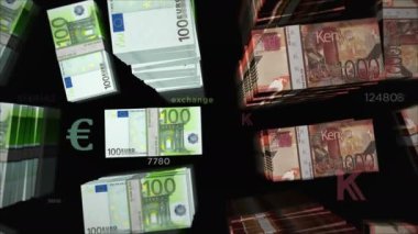 Euro ve Kenya Şilin para değişimi. Kağıt banknotlar tomar tomar. Ticaret, ekonomi, rekabet, kriz, bankacılık ve finans kavramı. Döngüsüz 3D canlandırma notaları.