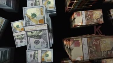 Amerikan Doları ve Kenya Şilin para değişimi. Banknotlar tomar tomar. Ticaret, ekonomi, rekabet, kriz, bankacılık ve finans kavramı. Döngüsüz 3D notalar.