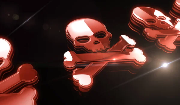 Skull pirate, online cyberattack, hack, threat and breach security golden metal shine symbol concept. Spectacular glowing and reflection light icon abstract object 3d illustration.