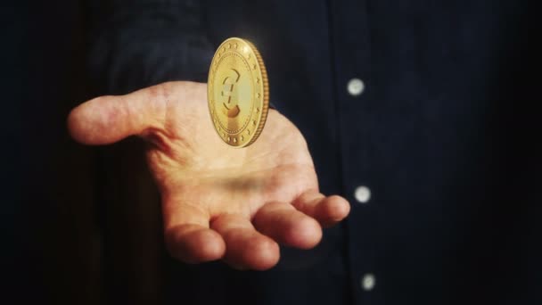 欧元货币旋转3D硬币悬停在手上 商人与欧盟货币的黄金符号飘扬在手上 无缝隙和环状抽象概念 — 图库视频影像