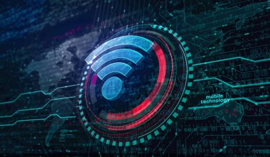 Wifi mobil iletişim ve kablosuz ağ teknolojisi sembolü dijital konsept. Ağ, siber teknoloji ve bilgisayar arkaplanı soyut 3D resimleme.