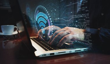 Wifi mobil iletişim ve kablosuz ağ teknolojisi sembolü ve klavye yazan adam. Eller dizüstü bilgisayarda. Soyut konsept 3d illüstrasyon.