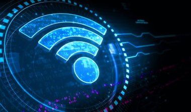Wifi mobil iletişim ve kablosuz ağ teknolojisi sembolü dijital konsept. Ağ, siber teknoloji ve bilgisayar arkaplanı soyut 3D resimleme.