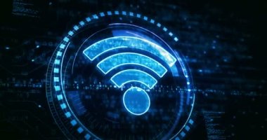Wifi mobil iletişim ve kablosuz ağ teknolojisi sembolü dijital konsept. Ağ, siber teknoloji ve bilgisayar arkaplanı soyut 3d canlandırması.
