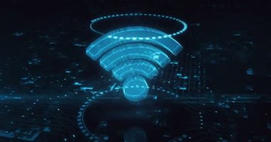 Wifi mobil iletişim ve kablosuz ağ teknolojisi hologram sembolü dijital arkaplanda görünür. Siber ve bilgisayar soyut kavramı 3 boyutlu animasyon.