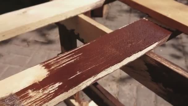 Maleri Træ Hjemmet Haven Træelementbeskyttelse Med Pensel Hånden – Stock-video