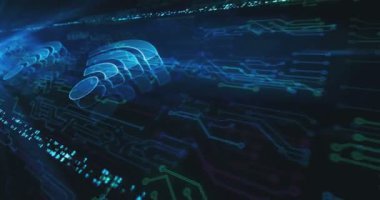 Wifi mobil iletişim ve kablosuz ağ teknolojisi hologram sembolü elektronik devre arka planında görünüyor. Siber ve bilgisayar simgesi soyut kavram 3 boyutlu kusursuz ve döngü canlandırması.