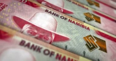 Namibian dollar banknote loop. NAD money texture. Concept of economy, business, crisis, banking, recession, debt and finance in Namibia. Moving over note. Loopable seamless 3d animation.