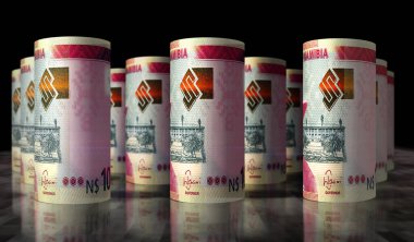 Namibya Doları Para Paketi 3D çizim. NAD banknot ruloları. Maliye, nakit, ekonomi krizi, iş başarısı, durgunluk, banka, vergi ve Namibya 'daki borç kavramı.
