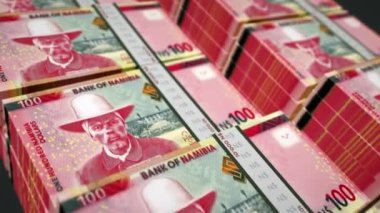 Namibya Doları para paketi 3D animasyon döngüsü. Döngüsüz finans, nakit, ekonomi, iş ve banka kavramı Namibya 'da. Kamera 100 NAD banknot destesinin üzerinde hareket ediyor.