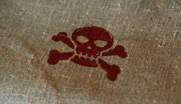 Skull Stamp Printed Linen Sack Danger Warning Piracy Toxic Symbol — Foto Stock