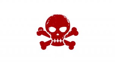 Kafatası damgası ve el damgası darbesi izole edilmiş animasyon. Tehlike, uyarı, korsanlık ve 3 boyutlu zehirli sembol. Alfa mat kanalı.