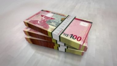 Namibya para yığını. Namibya 'da ekonomi, bankacılık, iş, kriz, durgunluk, borç ve finansman kavramları. 100 NAD banknotları 3D animasyon yığınları.