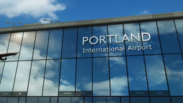 Plane Landing Portland Oregon Usa Rendering Animation Arrival City Glass — Vídeos de Stock