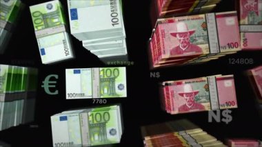 Euro ve Namibya Doları para değişimi. Kağıt banknotlar tomar tomar. Ticaret, ekonomi, rekabet, kriz, bankacılık ve finans kavramı. Döngüsüz 3D canlandırma notaları.