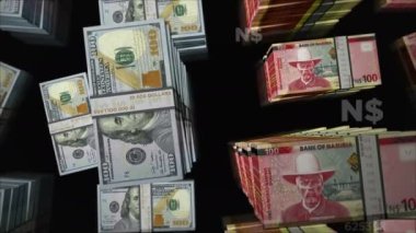 Amerikan Doları ve Namibya Dolar değişimi. Banknotlar tomar tomar. Ticaret, ekonomi, rekabet, kriz, bankacılık ve finans kavramı. Döngüsüz 3D notalar.
