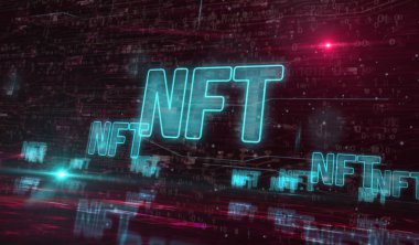 NFT İade Edilemez Token ve dijital koleksiyon sembolleri dijital konsept. Ağ, siber teknoloji ve bilgisayar arkaplanı soyut 3D resimleme.