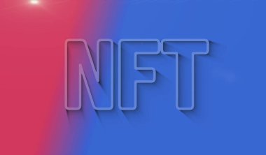 NFT İade Edilemez Token ve dijital koleksiyon sembolleri dijital konsept. Ağ, siber teknoloji ve bilgisayar arkaplanı soyut 3D çizim. Gölge işareti.