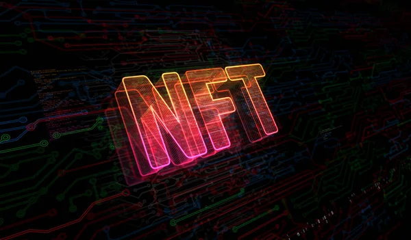 NFT İade Edilemez Token ve dijital koleksiyon sembolleri dijital konsept. Ağ, siber teknoloji ve bilgisayar arkaplanı soyut 3D resimleme.