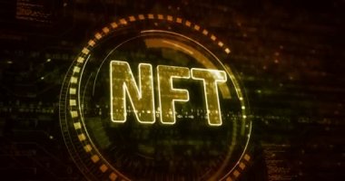 NFT İade Edilemez Token ve dijital koleksiyon sembolleri dijital konsept. Ağ, siber teknoloji ve bilgisayar arkaplanı soyut 3d canlandırması.