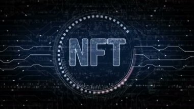NFT İade Edilemez Token ve dijital koleksiyon sembolleri soyut dijital konsept. Ağ, siber teknoloji ve bilgisayar arkaplanı kusursuz ve döngülü animasyon.