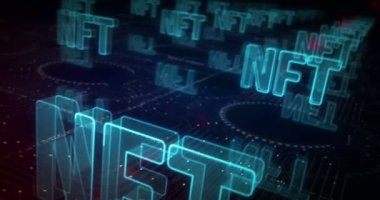 NFT İade Edilemez Token ve dijital koleksiyon sembolleri soyut siber konsept. Dijital teknoloji ve bilgisayar arkaplanı pürüzsüz ve döngülü 3D animasyon.