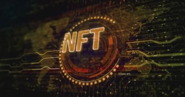 NFT İade Edilemez Token ve dijital koleksiyon sembolleri soyut dijital konsept. Küresel ağ ve siber teknoloji arkaplanı pürüzsüz ve döngülü 3D animasyon.
