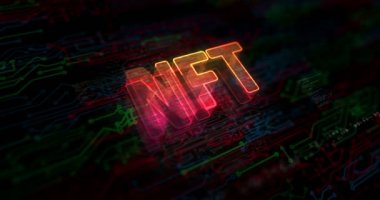 NFT İade Edilemez Token ve dijital koleksiyonlar renkli sembol konsepti. Ağ, siber teknoloji ve bilgisayar arkaplanı soyut 3d canlandırması.