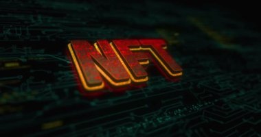 NFT İade Edilemez Token ve dijital koleksiyonlar renkli sembol konsepti. Ağ, siber teknoloji ve bilgisayar arkaplanı soyut 3d canlandırması.