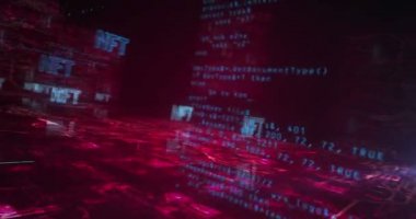 NFT İade Edilemez Token ve dijital koleksiyon sembolleri soyut siber konsept. Dijital teknoloji arka planı pürüzsüz ve döngüsel dinamik 3D animasyon.