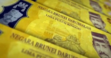 Brunei dolar banknot döngüsü. BND para dokusu. Ekonomi, iş, kriz, bankacılık, durgunluk, borç ve finans kavramı. Notayı kaydırıyorum. Döngüsüz 3D canlandırma.
