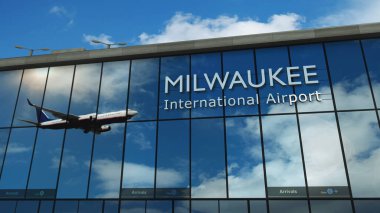 Milwaukee, Wisconsin 'e iniş yapan uçak, ABD 3D görüntüleme. Cam havaalanı terminali ve jet uçağının yansıması ile şehre varış. Seyahat, iş, turizm ve ulaşım.