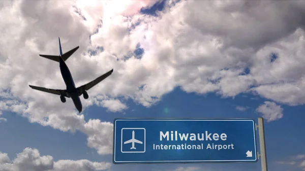 Airplane Silhouette Landing Milwaukee Wisconsin Usa City Arrival International Airport — Foto de Stock