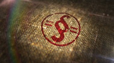 Doğal keten çuvalında paragraf damgası. Hukuk, adalet ve mevzuat kuralı sembolü 3D tasarımın soyut kavramı. Döngüsüz ve kusursuz animasyon.