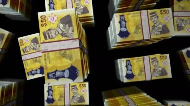Brunei dolar para paketi döngüsü. BND banknotları üzerinde uçuş üst görünümü yığar. Üç boyutlu, kusursuz bir animasyon. Ekonomi, kriz, iş ve finans konsepti.