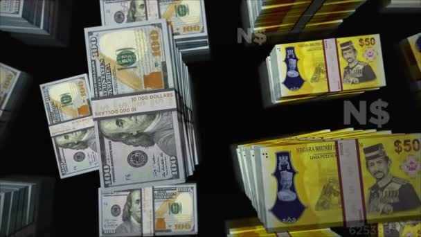 American Dollar Και Brunei Δολάριο Ανταλλαγή Χρημάτων Πακέτο Χαρτονομισμάτων Έννοια — Αρχείο Βίντεο