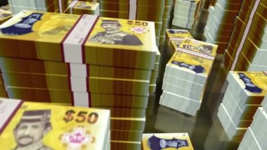 Brunei dolar para paketleri döngüsü. 3D uçuş 50 BND banknotlar kuleler dizer. Döngüsüz, soyut iş dünyası, ekonomi krizi ve finans kavramı.