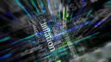 Haber başlıkları basında enflasyon, kriz, ekonomi ve ticari durgunluk olarak geçiyor. Soyut konsept döngü gösterir. Ekranlar arasında uçma efekti pürüzsüz ve döngülü 3d.