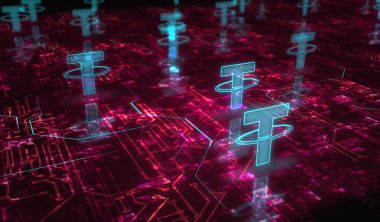 Bağlı durağan bozuk para engelleme kripto para birimi ve USDT dijital para sembolü dijital konsept. Ağ, siber teknoloji ve bilgisayar arkaplanı soyut 3D resimleme.